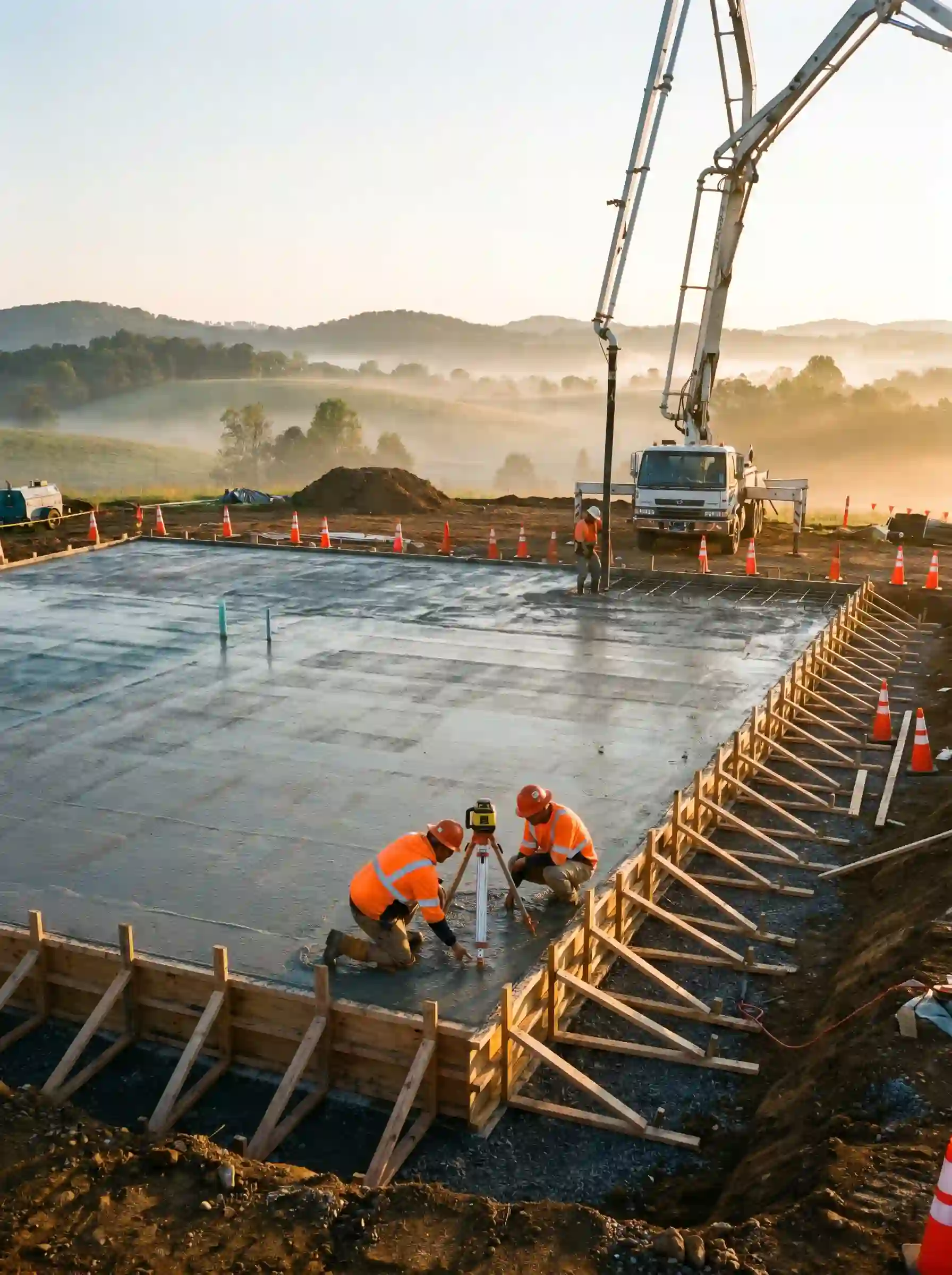 Foundation being poured at sunrise