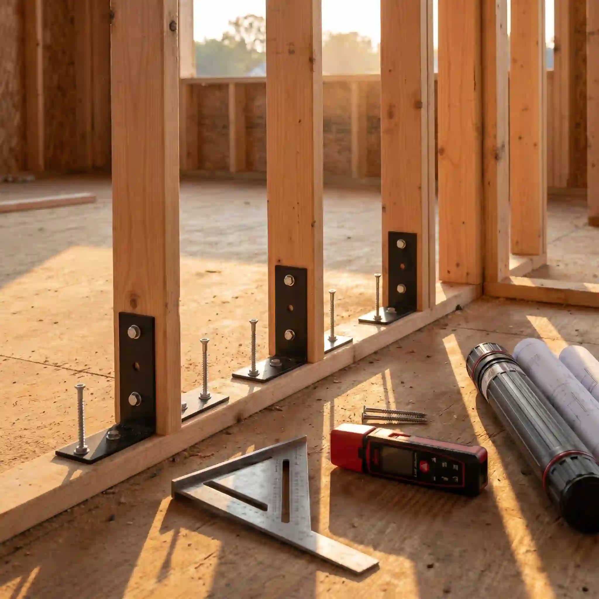 Precision framing detail with steel brackets